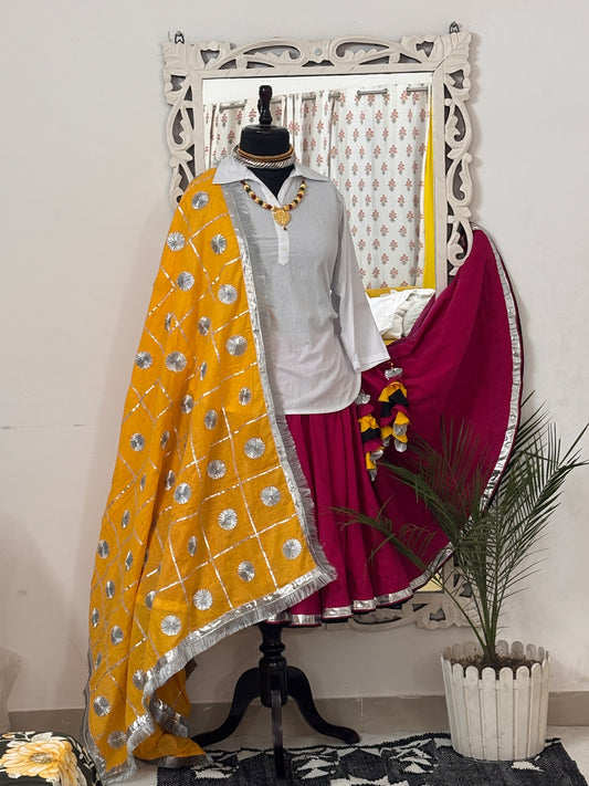 Pink 52 Kali Haryanvi Traditional Daman Set with White Cotton Kurti & Dupatta