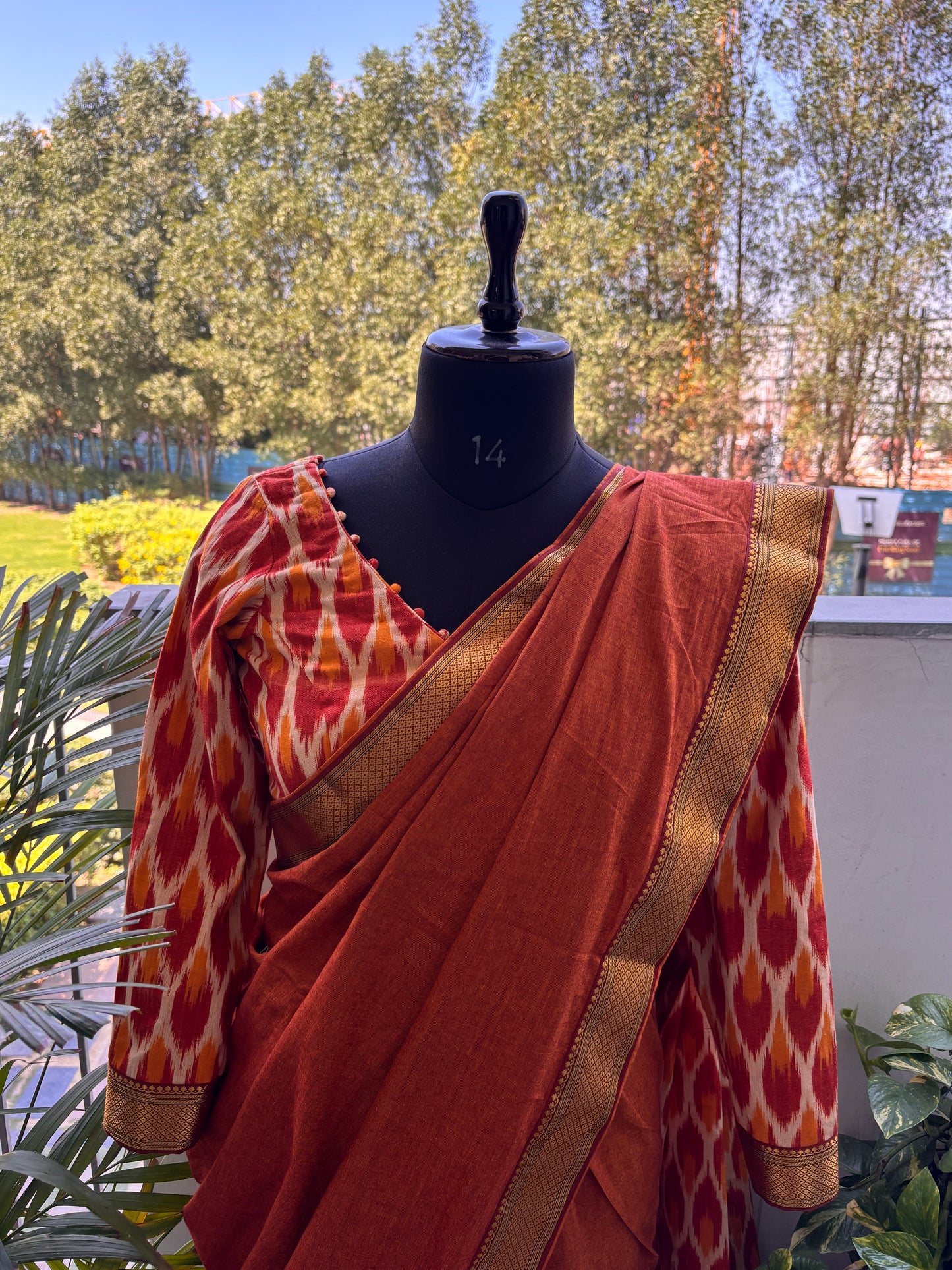 Officer-Class Cotton Saree with Ikkat Blouse & Potli Neck Design (Limited Edition)