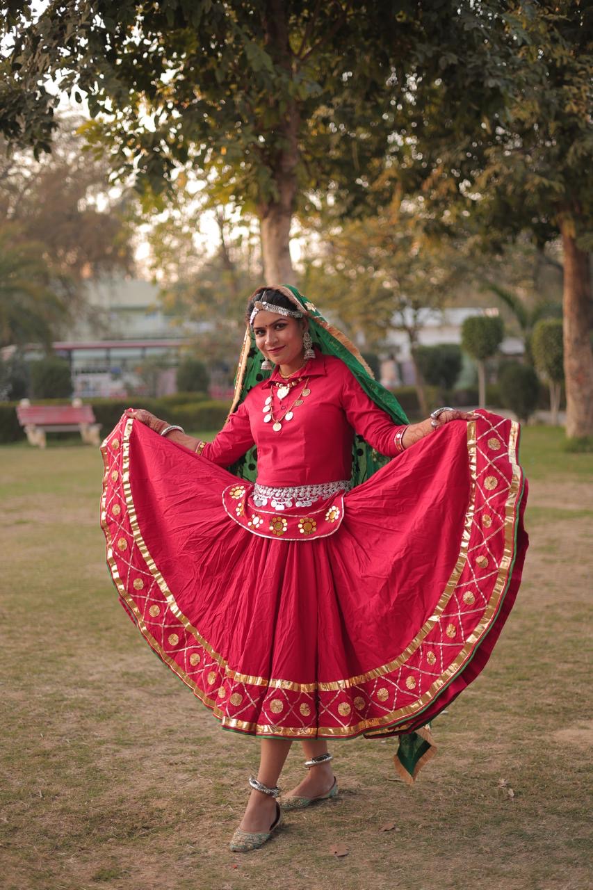 Reversible Royal Red & Green Haryanvi Daman Kurti Chunni Set with Gota & Sitara Work