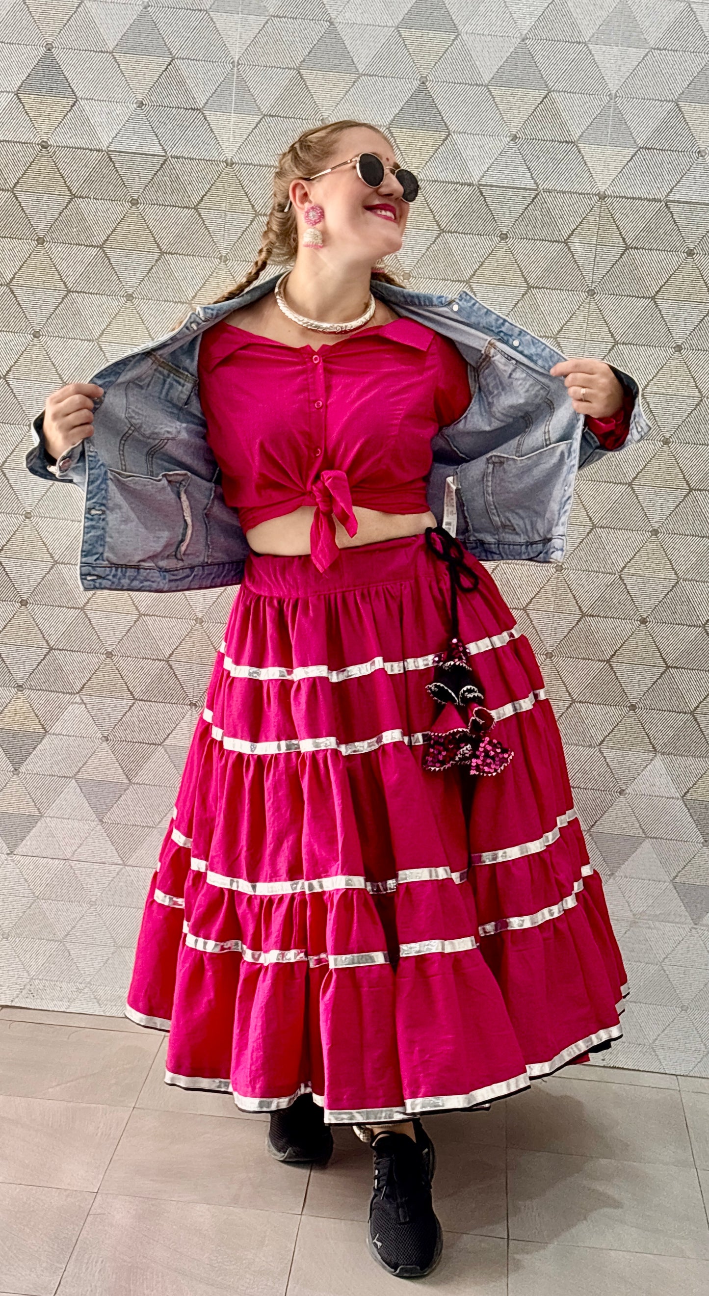 Hot Pink Cotton Gypsy Skirt with Silver Gota Work – Flared Traditional Skirt