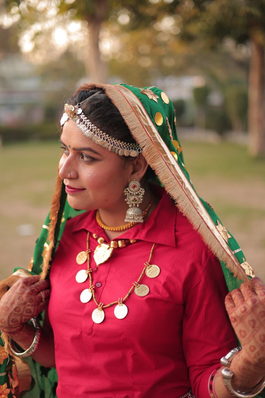 Reversible Royal Red & Green Haryanvi Daman Kurti Chunni Set with Gota & Sitara Work