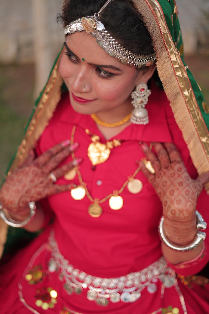 Reversible Royal Red & Green Haryanvi Daman Kurti Chunni Set with Gota & Sitara Work