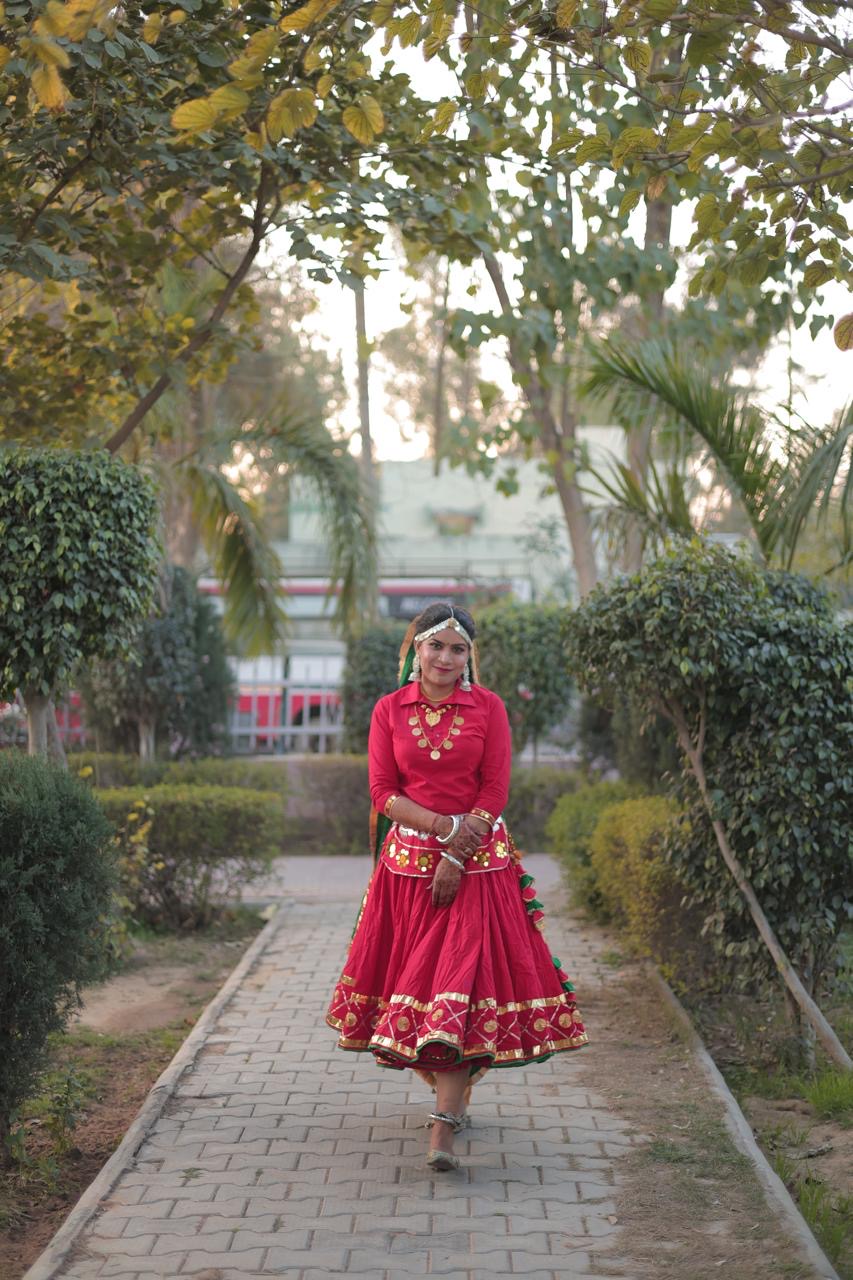 Reversible Royal Red & Green Haryanvi Daman Kurti Chunni Set with Gota & Sitara Work