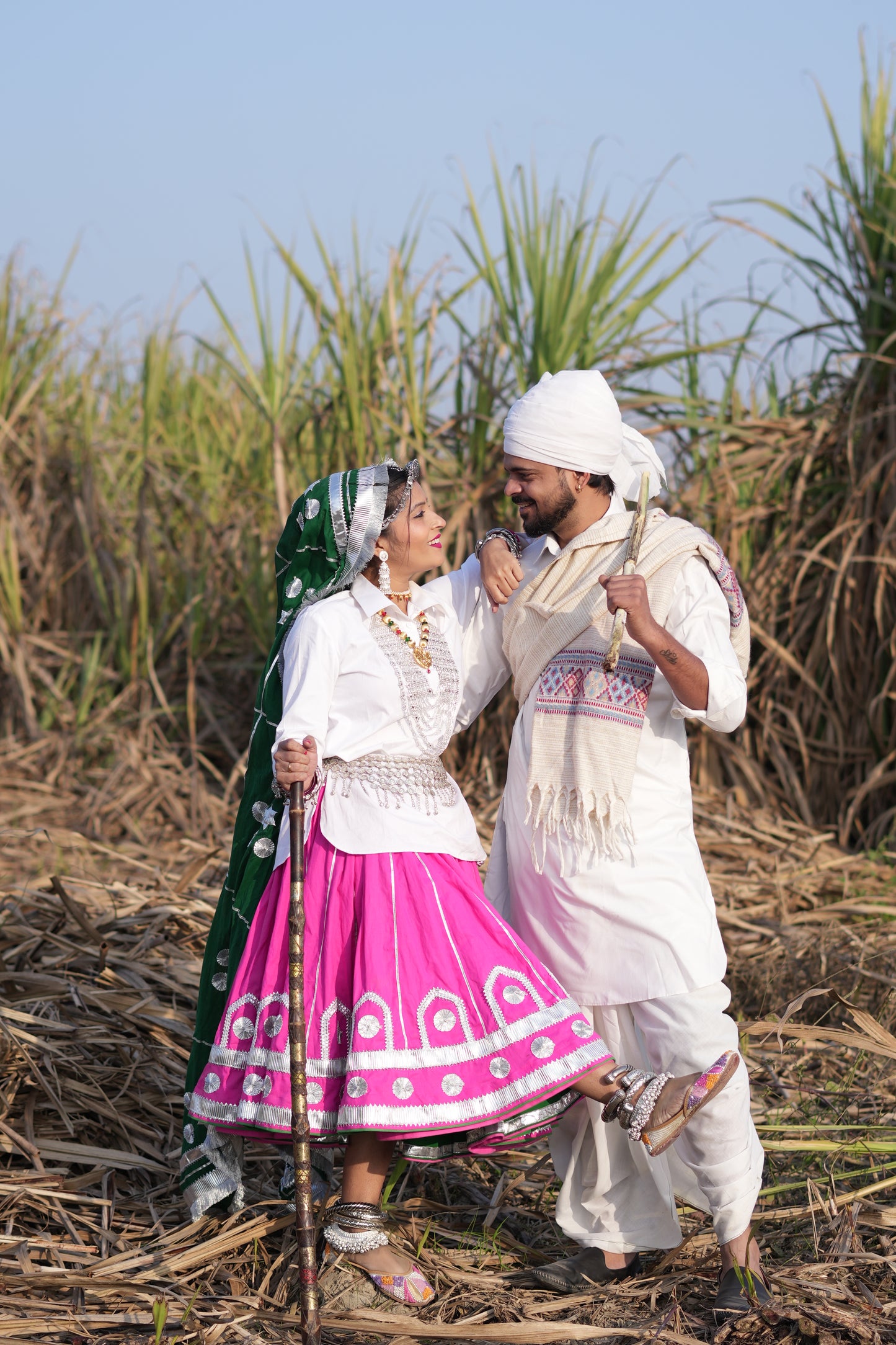🌸 Beautiful Blossom Reversible Haryanvi Daman Set – Pink & Bottle Green 🌸