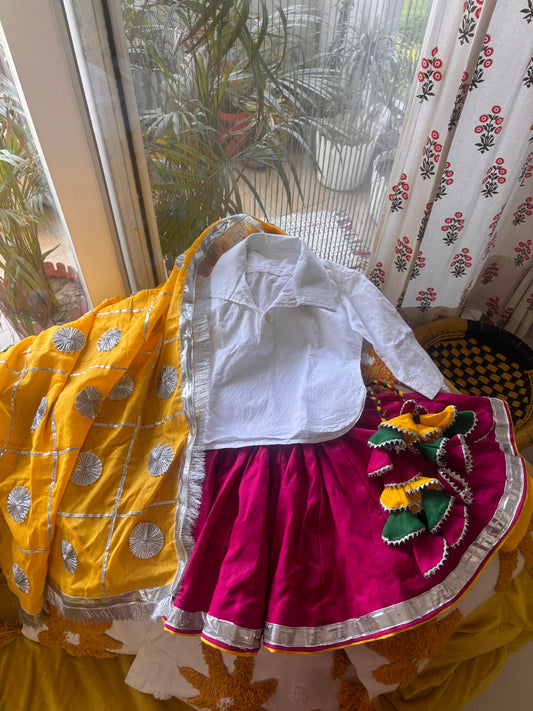 Pink Cotton Haryanvi Daman Kurti Chunni Set for Girls | Traditional Kids Ghagra Dress