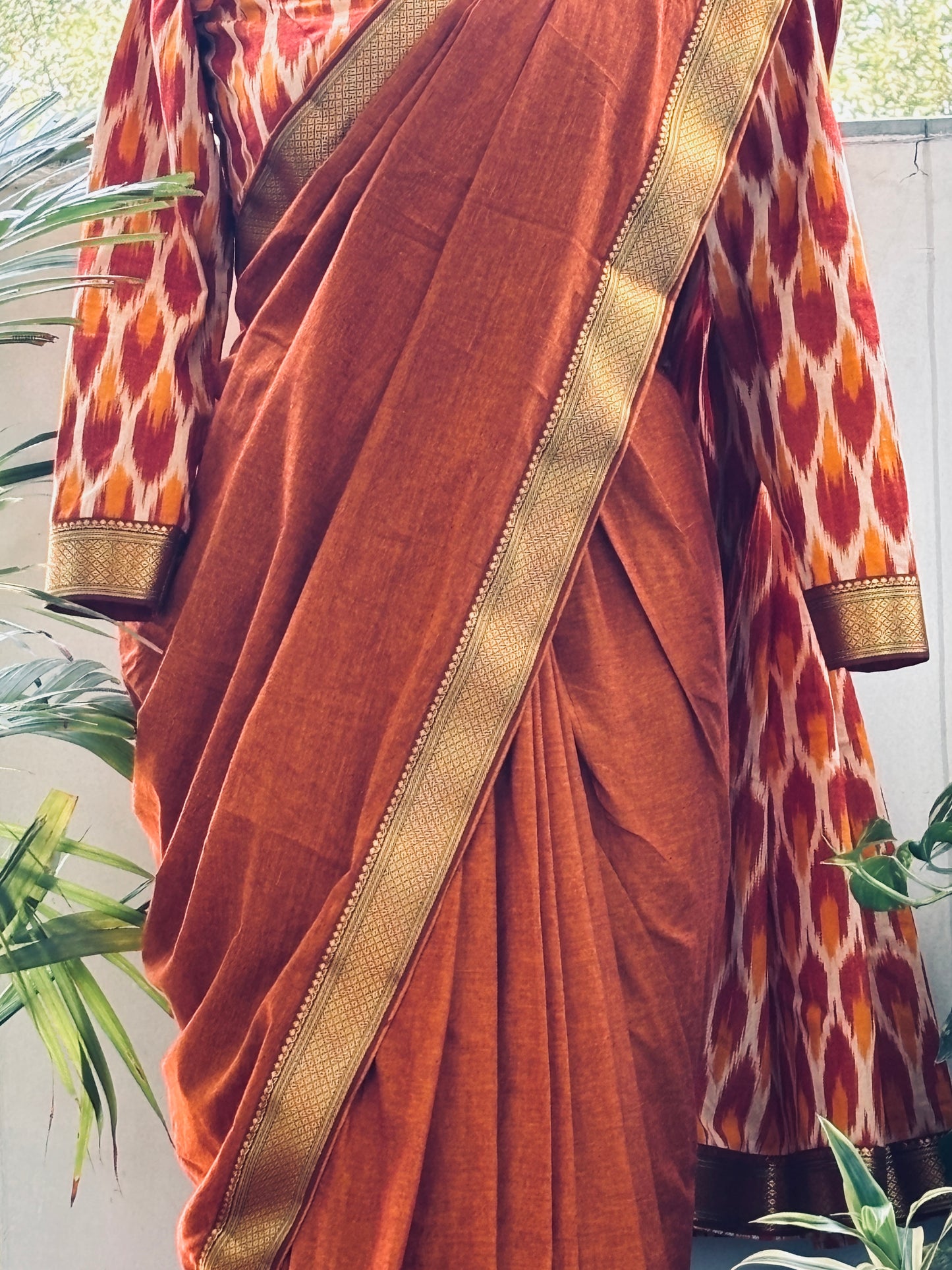 Officer-Class Cotton Saree with Ikkat Blouse & Potli Neck Design (Limited Edition)