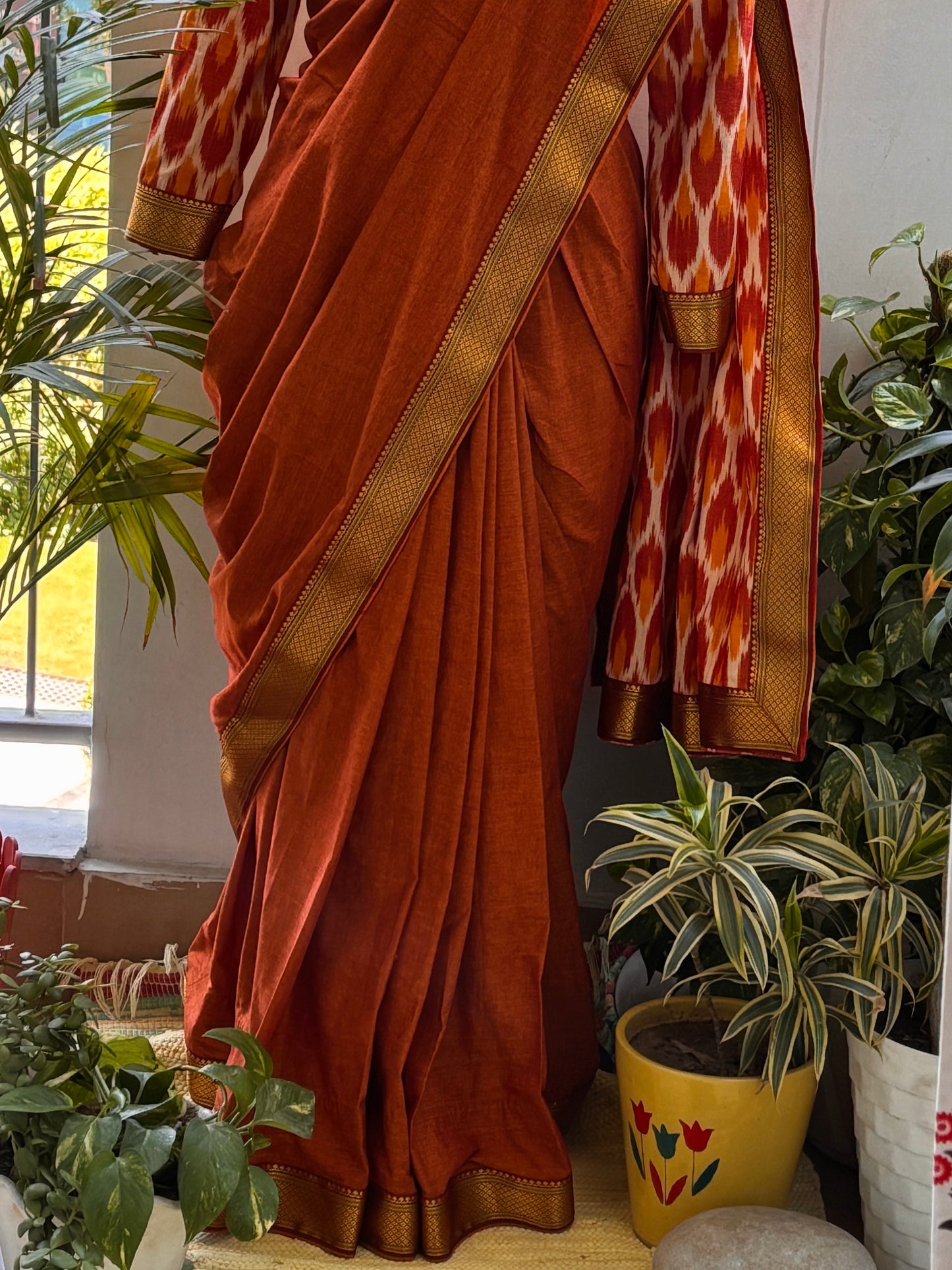 Officer-Class Cotton Saree with Ikkat Blouse & Potli Neck Design (Limited Edition)