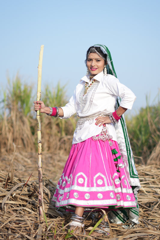 🌸 Beautiful Blossom Reversible Haryanvi Daman Set – Pink & Bottle Green 🌸