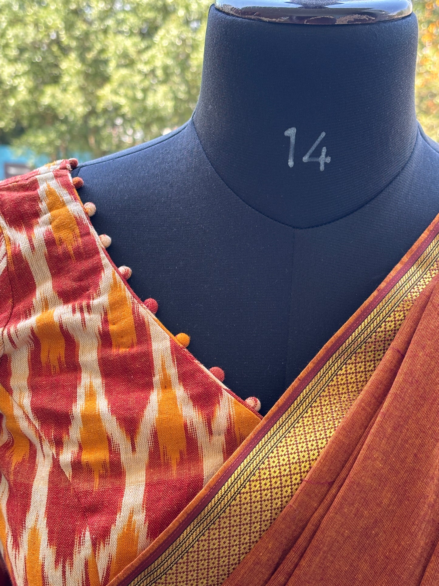 Officer-Class Cotton Saree with Ikkat Blouse & Potli Neck Design (Limited Edition)