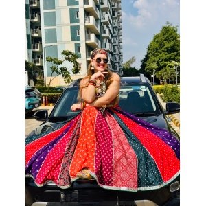 Alia Bhatt-Style Ajrakh Silk Ghagra – Multicolour Festive Wear for Indian Celebrations